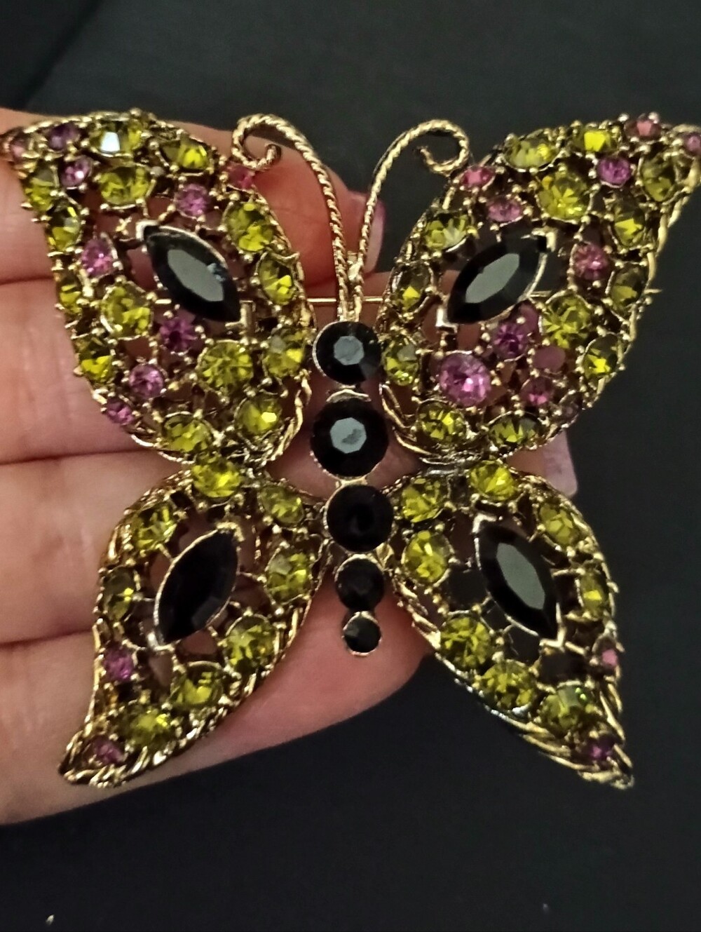 Vintage Czech with Olive Green, Purple And Black   Crystals Butterfly Brooch